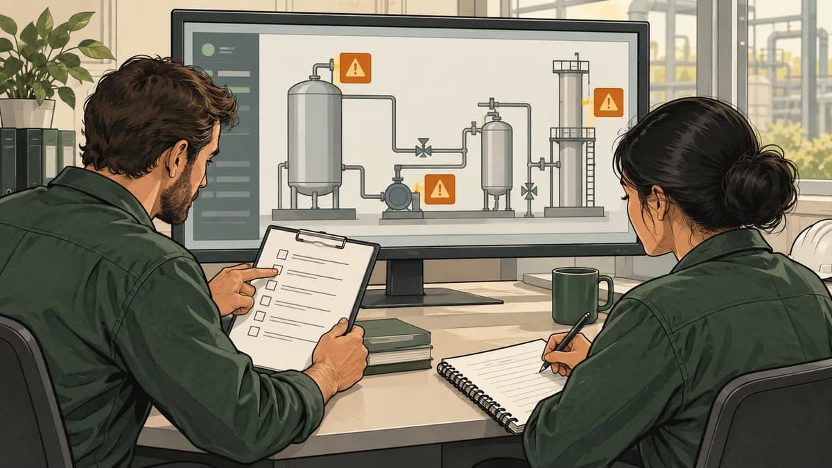 Conceptual alarm review with a laptop and learning notes about displayed process conditions