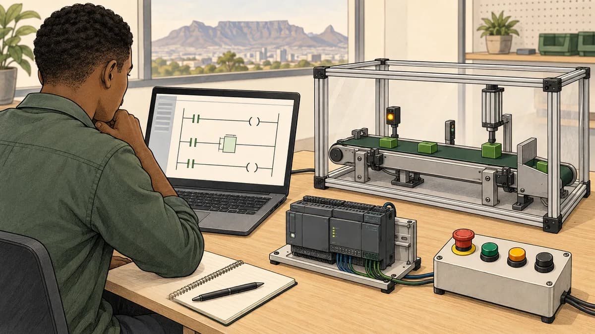 Conceptual PLC programming for beginners at a learning workstation with a laptop and practice equipment