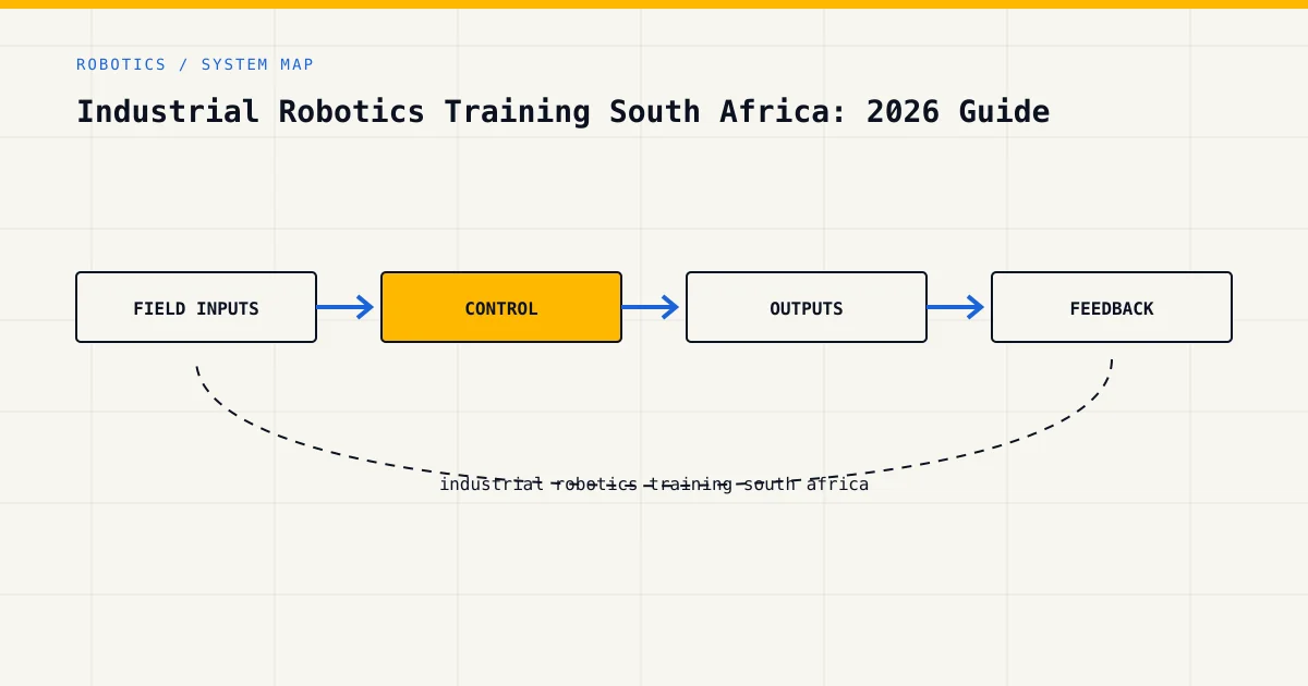 System map for industrial robotics training south africa, showing field inputs, control logic, outputs and feedback