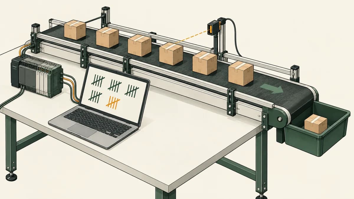 Conceptual PLC up down counter example study illustration with conveyor boxes and laptop tally marks