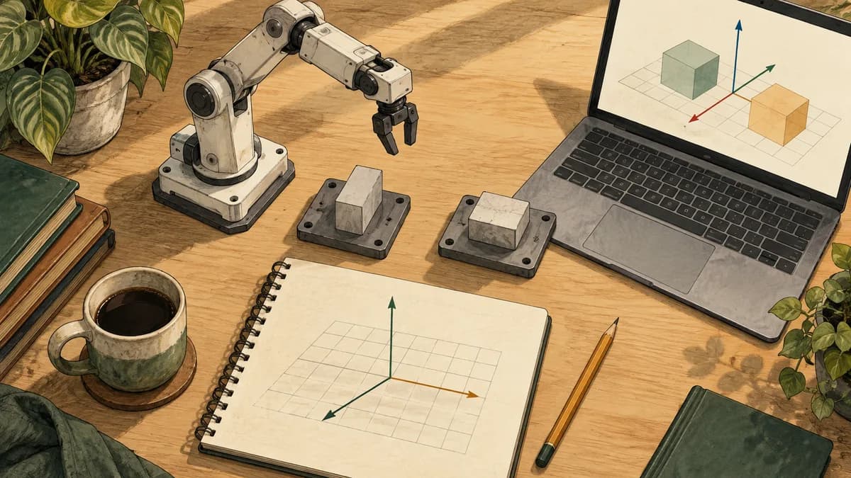Conceptual robot coordinate study with a small arm model, fixtures and an unlabeled geometric grid