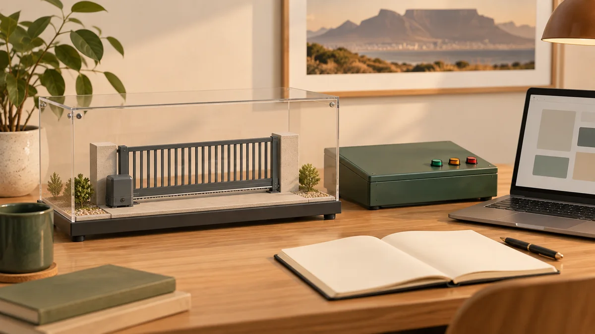 Conceptual PLC gate control program study desk with an enclosed miniature sliding gate and a laptop