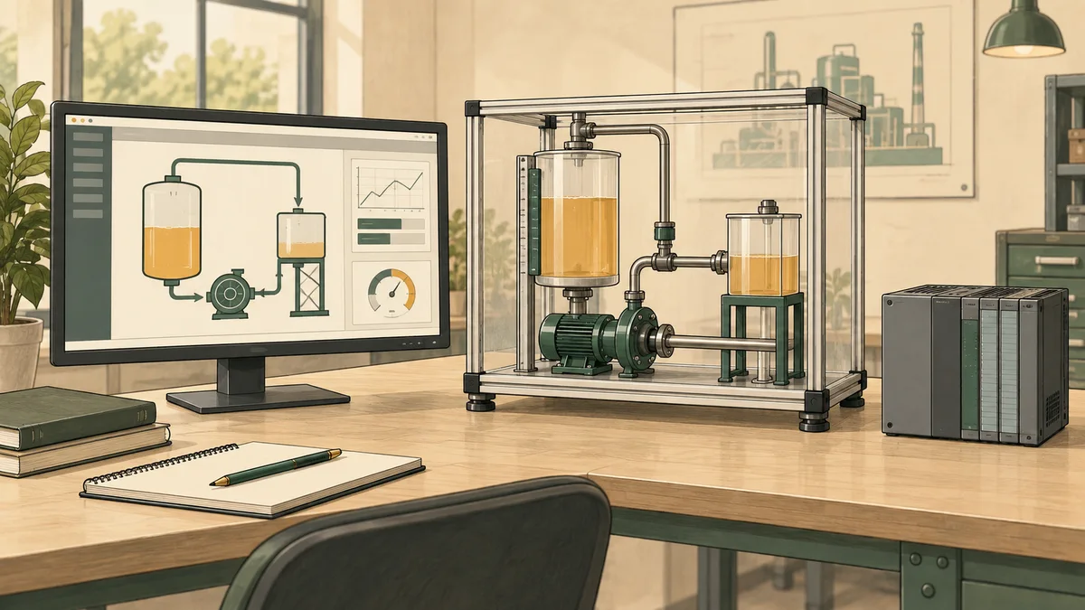 Conceptual SCADA training workstation with a supervisory screen, tank model and separate controller