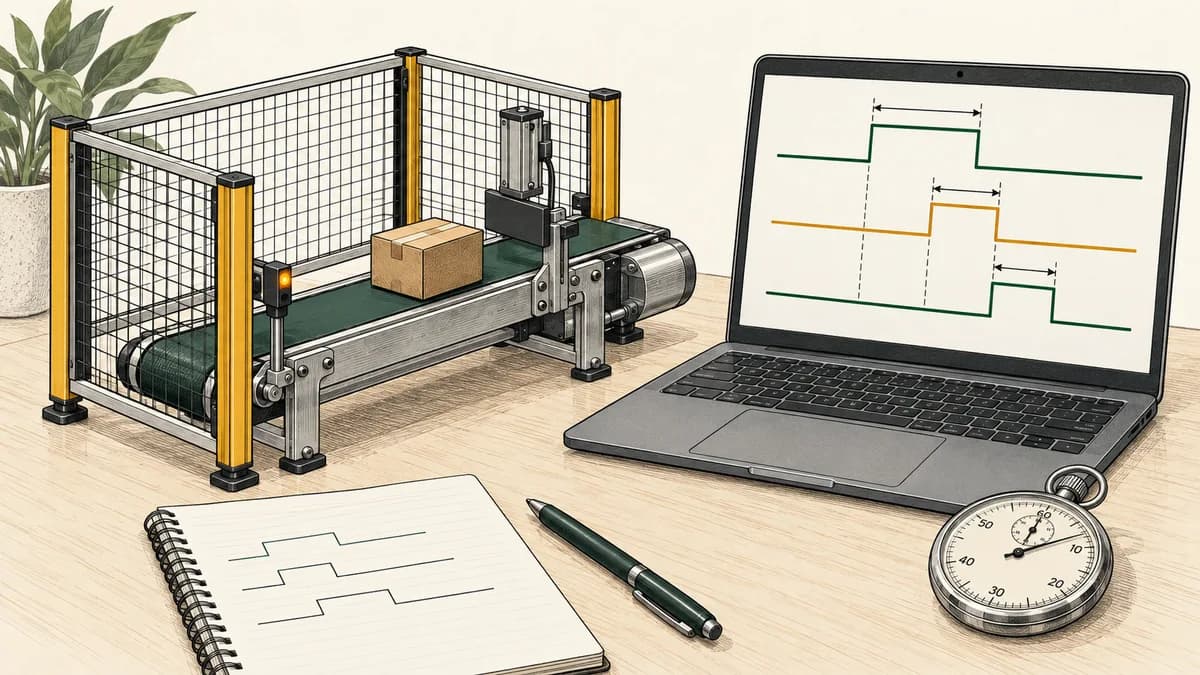 Illustrated timing and sequence study with a laptop and conceptual process-state learning cards