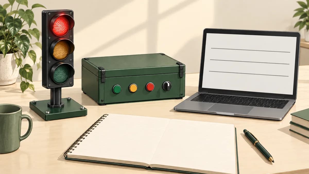 Conceptual pedestrian crossing PLC program study desk with a signal model, controller trainer and laptop
