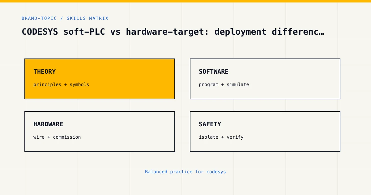 Skills matrix for codesys, covering theory, software, hardware and industrial safety