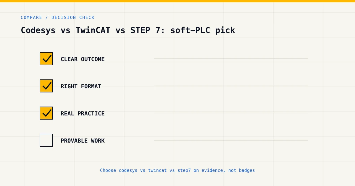 Decision checklist for choosing codesys vs twincat vs step7 by career goal, format and practical evidence