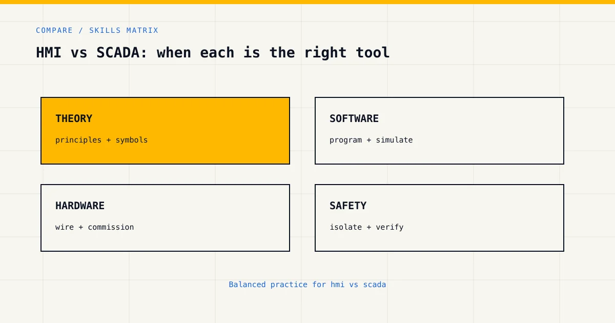 Skills matrix for hmi vs scada, covering theory, software, hardware and industrial safety