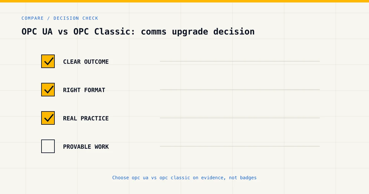 Decision checklist for choosing opc ua vs opc classic by career goal, format and practical evidence