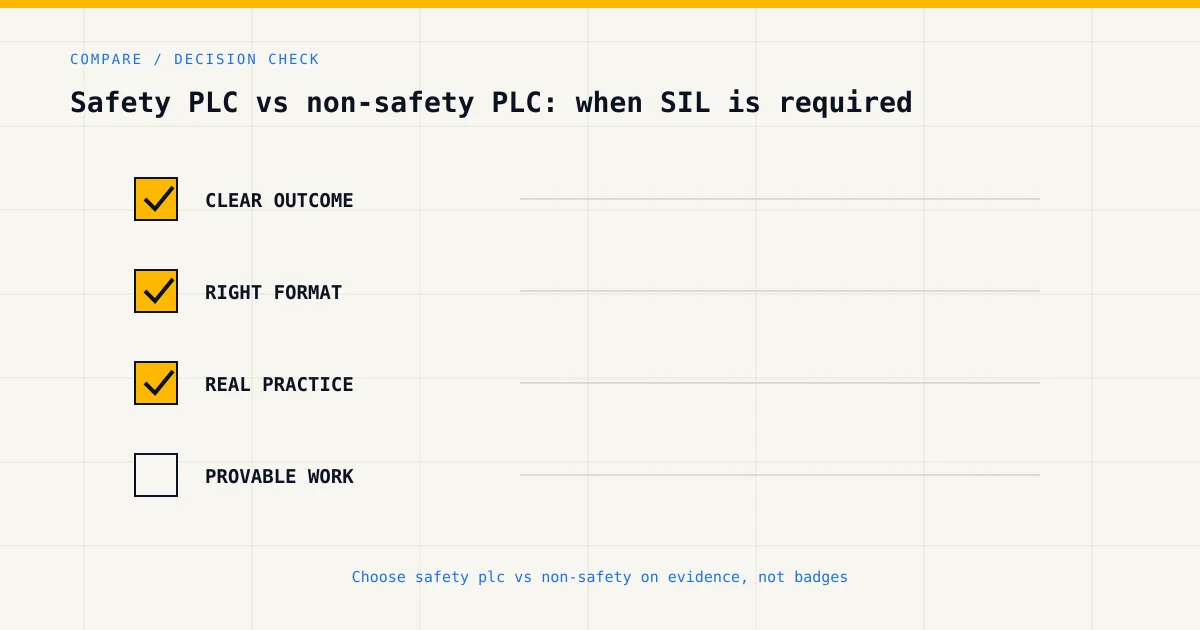 Decision checklist for choosing safety plc vs non-safety by career goal, format and practical evidence