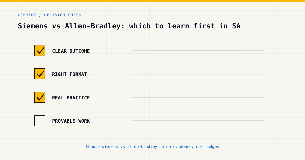 Decision checklist for choosing siemens vs allen-bradley sa by career goal, format and practical evidence