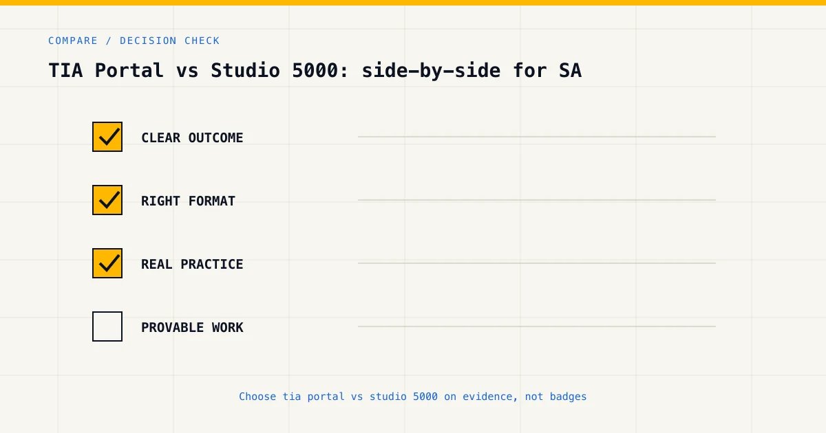 Decision checklist for choosing tia portal vs studio 5000 by career goal, format and practical evidence