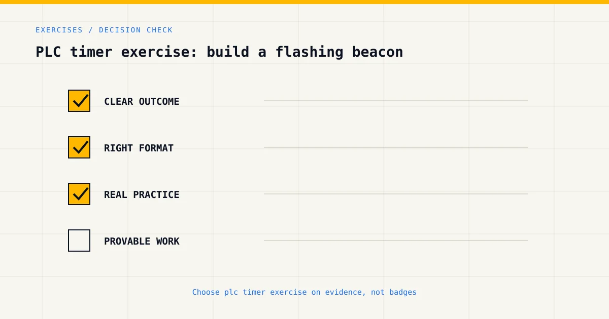 Decision checklist for choosing plc timer exercise by career goal, format and practical evidence