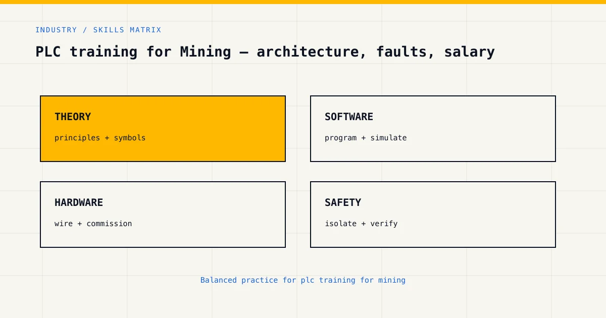 Skills matrix for plc training for mining, covering theory, software, hardware and industrial safety