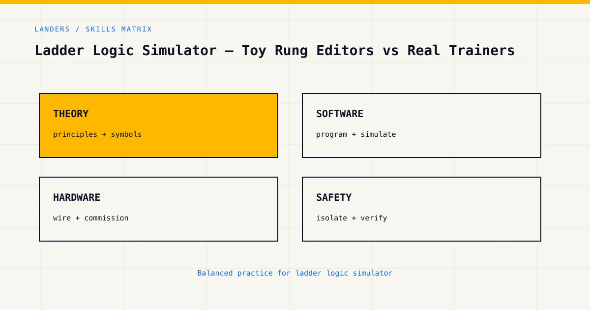 Skills matrix for ladder logic simulator, covering theory, software, hardware and industrial safety