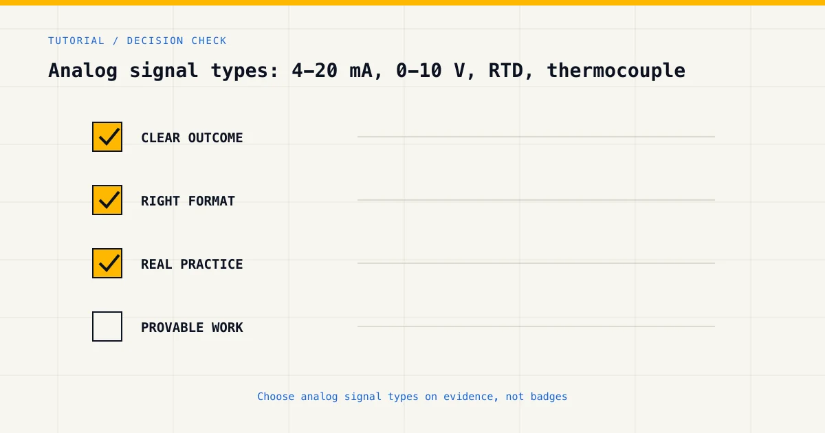 Decision checklist for choosing analog signal types by career goal, format and practical evidence