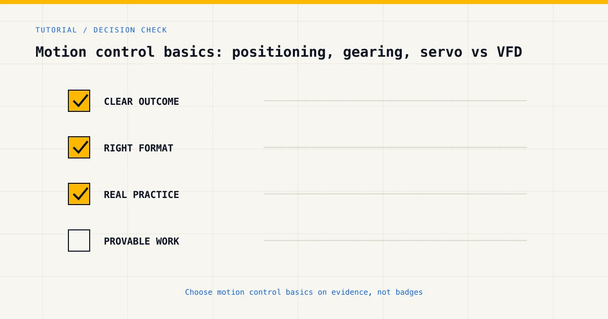 Decision checklist for choosing motion control basics by career goal, format and practical evidence