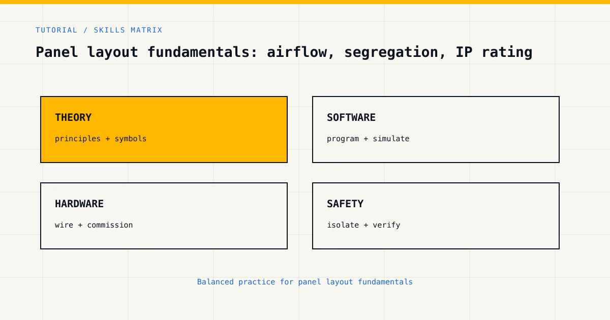 Skills matrix for panel layout fundamentals, covering theory, software, hardware and industrial safety