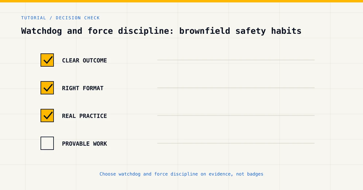 Decision checklist for choosing watchdog and force discipline by career goal, format and practical evidence