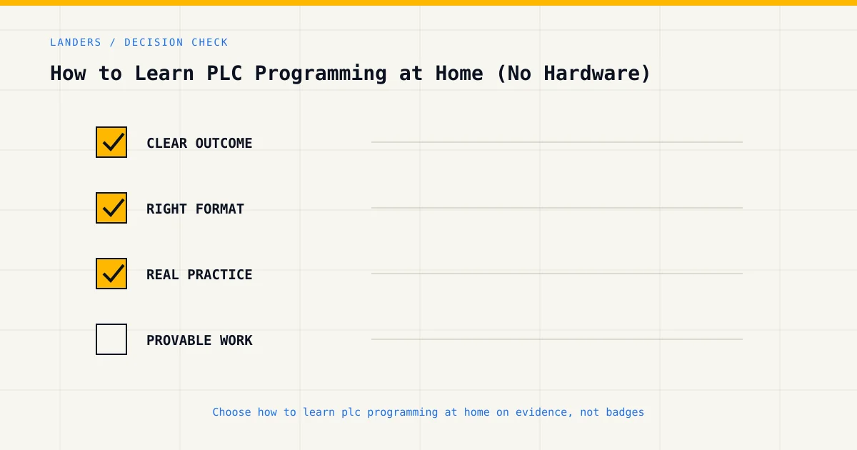 Decision checklist for choosing how to learn plc programming at home by career goal, format and practical evidence
