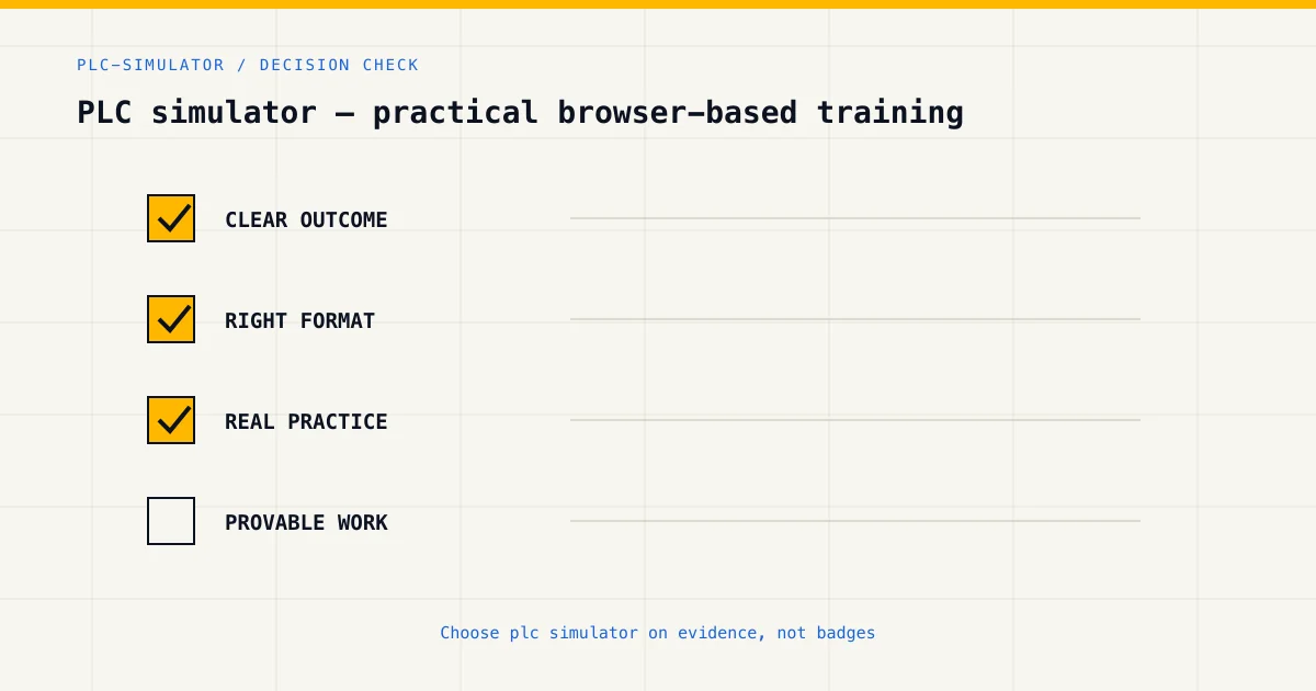 Decision checklist for choosing plc simulator by career goal, format and practical evidence