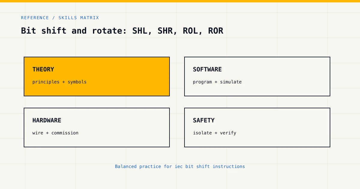 Skills matrix for iec bit shift instructions, covering theory, software, hardware and industrial safety