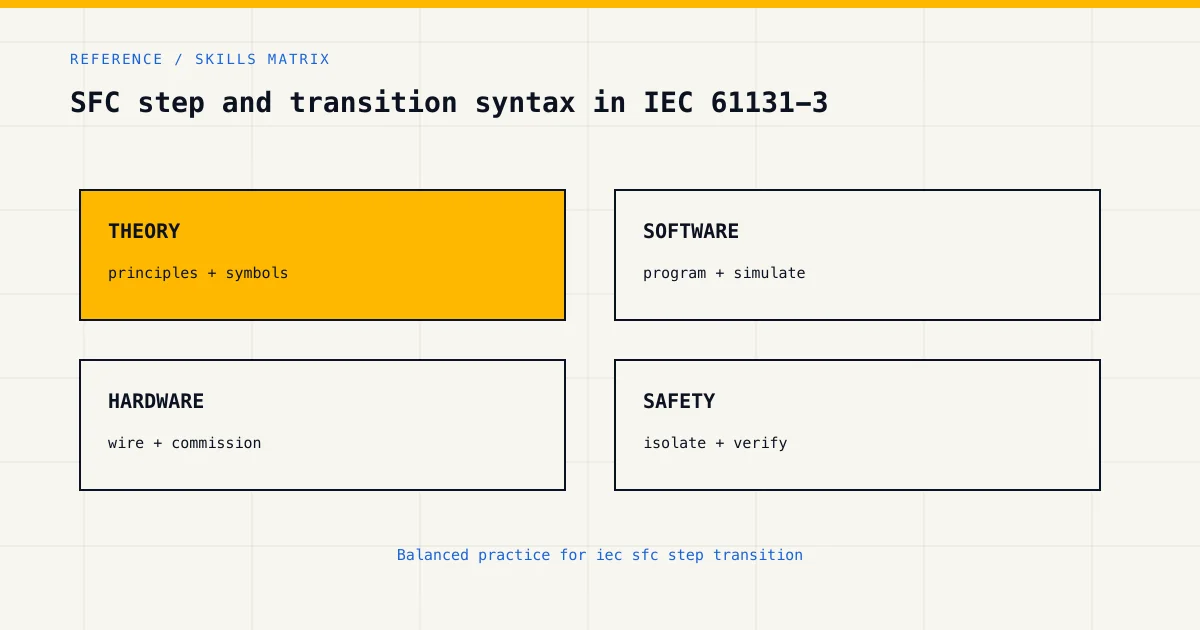 Skills matrix for iec sfc step transition, covering theory, software, hardware and industrial safety