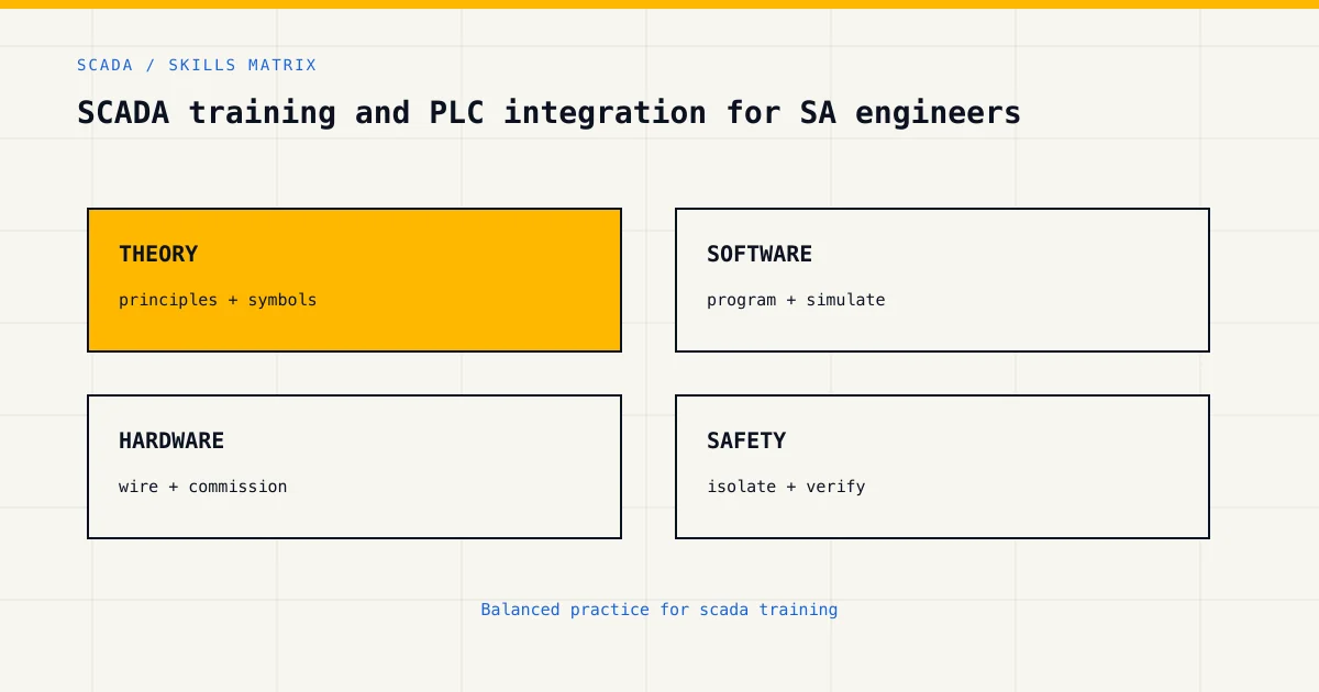 Skills matrix for scada training, covering theory, software, hardware and industrial safety